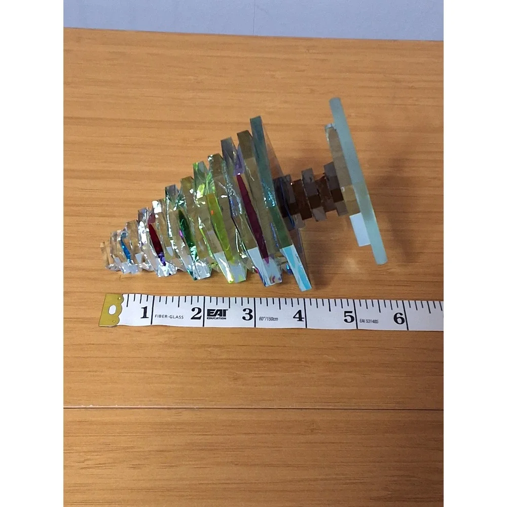 M+J G Signed Dichroic Art Glass Christmas Tree Figurine Iridescent